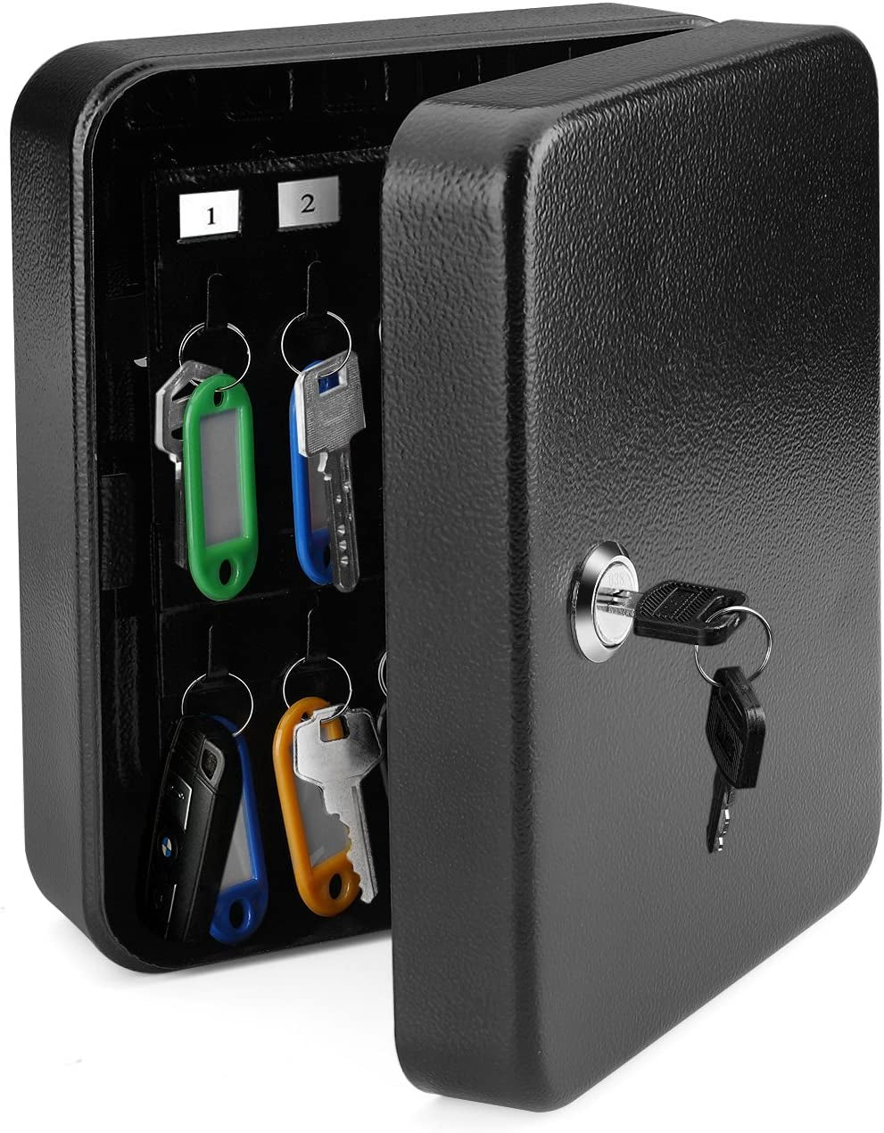 Key Cabinet Key Lock Box Wall Mount with 40 Key Holder Organizer Locker Case, Colored Key Tags & Hooks Wall Mounted Lock Box for Keys Storage, Homes, Property, Hotels, Business (Black)
