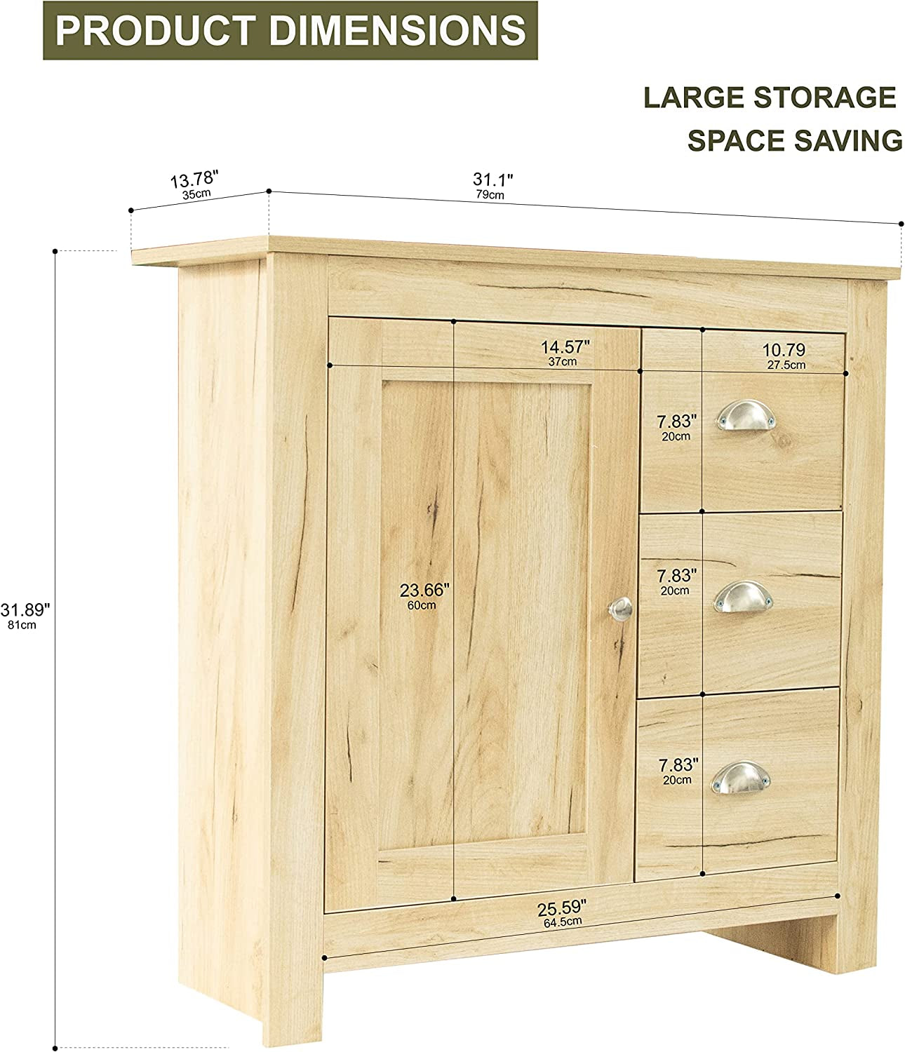 Sideboard Buffet Table with 3 Drawers 1 Door Storage Cabinet for Living Room Hallway Kitchen Sideboard Cupboard for Dining Room Narrow Sideboard Cabinet, 79X35X81Cm (Light Oak)