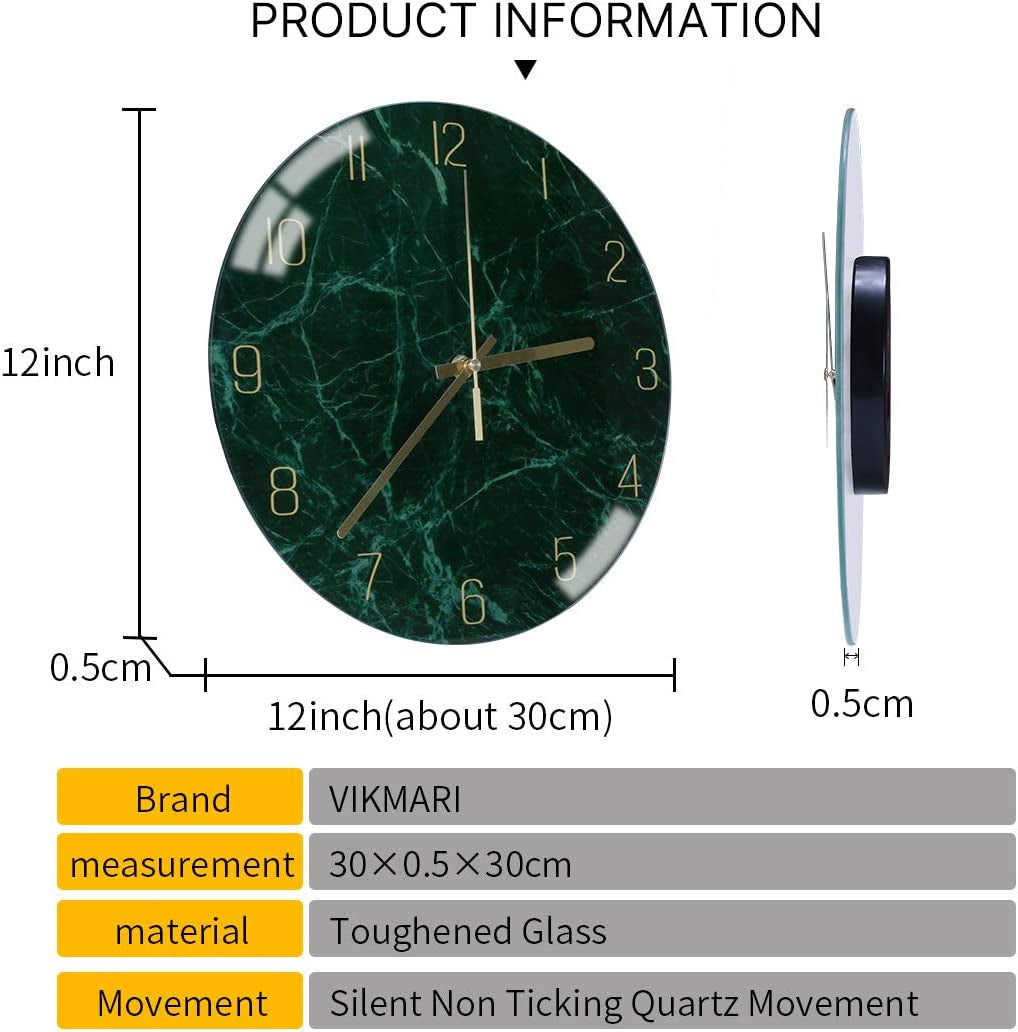 Glass Wall Clock Silent Non Ticking Wall Clocks- 12 Inch Quality Quartz Battery Operated round Easy to Read Home/Office/Classroom/School Clock (Dark Green)