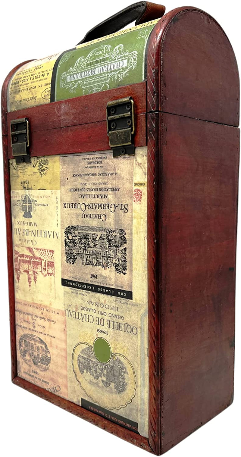 Wooden Wine Gift Box 2 Bottle Carrier Vintage Leather Storage Holder Carrying Case with Handle Champagne Whisky Metal Latch Closure