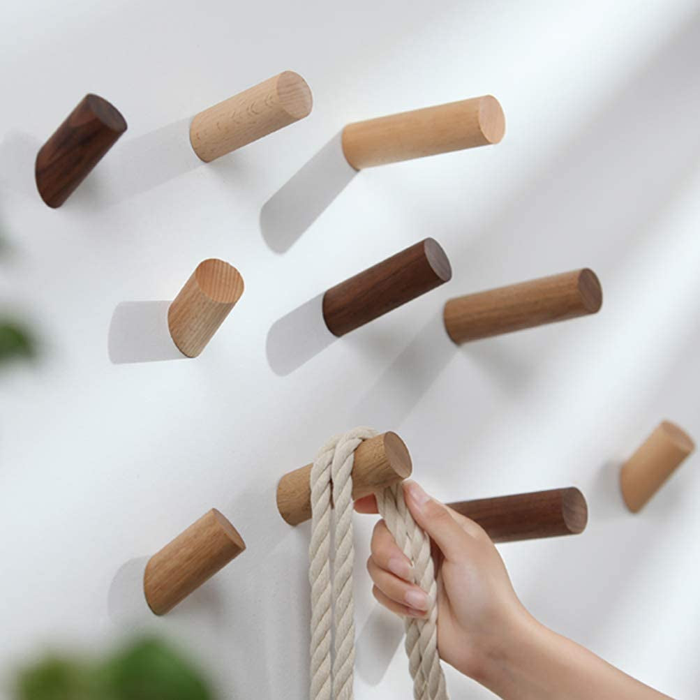 Wooden Coat Hook, 5 Pack Natural Wall Mounted Clothes Scarf Hat and Bag Storage Hangers Towel Rack Bedroom Decoration,Diameter 30Mm