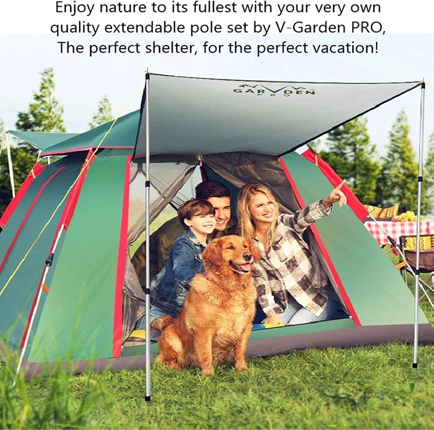 Set of 4 Telescoping Tarp Poles | Replacement Canopy Adjustable Aluminum Rods, Portable & Lightweight for Tent Fly, Awning, Outdoor Camping, Hiking, Backpacking & Rainfly + 6 Pegs & 6 Reflective Ropes