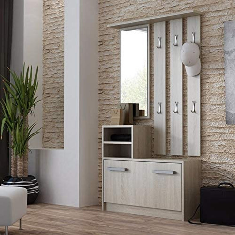 Julie Hall Tree with Shoe Cabinet, Wall Panel, Shelf & Mirror, Matte Sonoma Oak