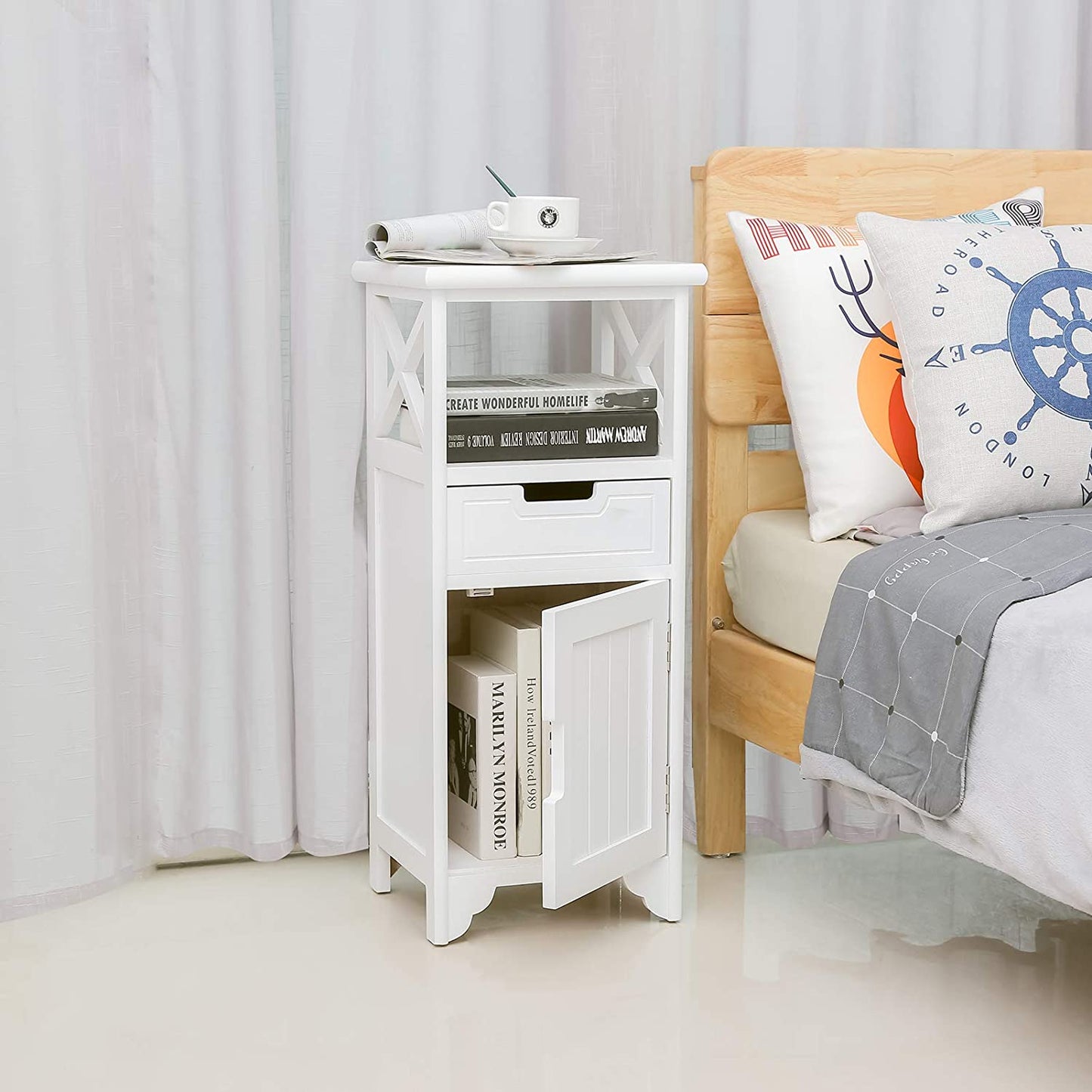 White End Table with Drawer and Shelf - Fully Assembled - Tall Bedside Cabinets/Bedside Table/Bathroom Cabinet/Side Cabinet/Floor Standing Storage Cabinet for Living Room, Bedroom, Hallway