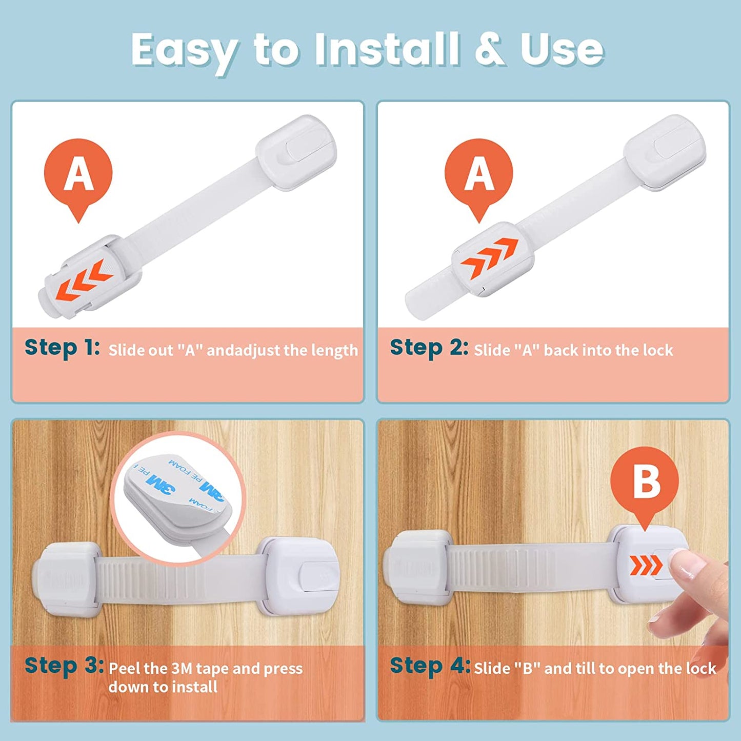Child Safety Cupboard Locks,6 Pack Adjustable Baby Cupboard Safety Locks,Child Proof Locks with No Drilling Needed & Strong Adhesives for Cabinet,Fridge, Freezer,Drawers, Dishwasher, Toilet