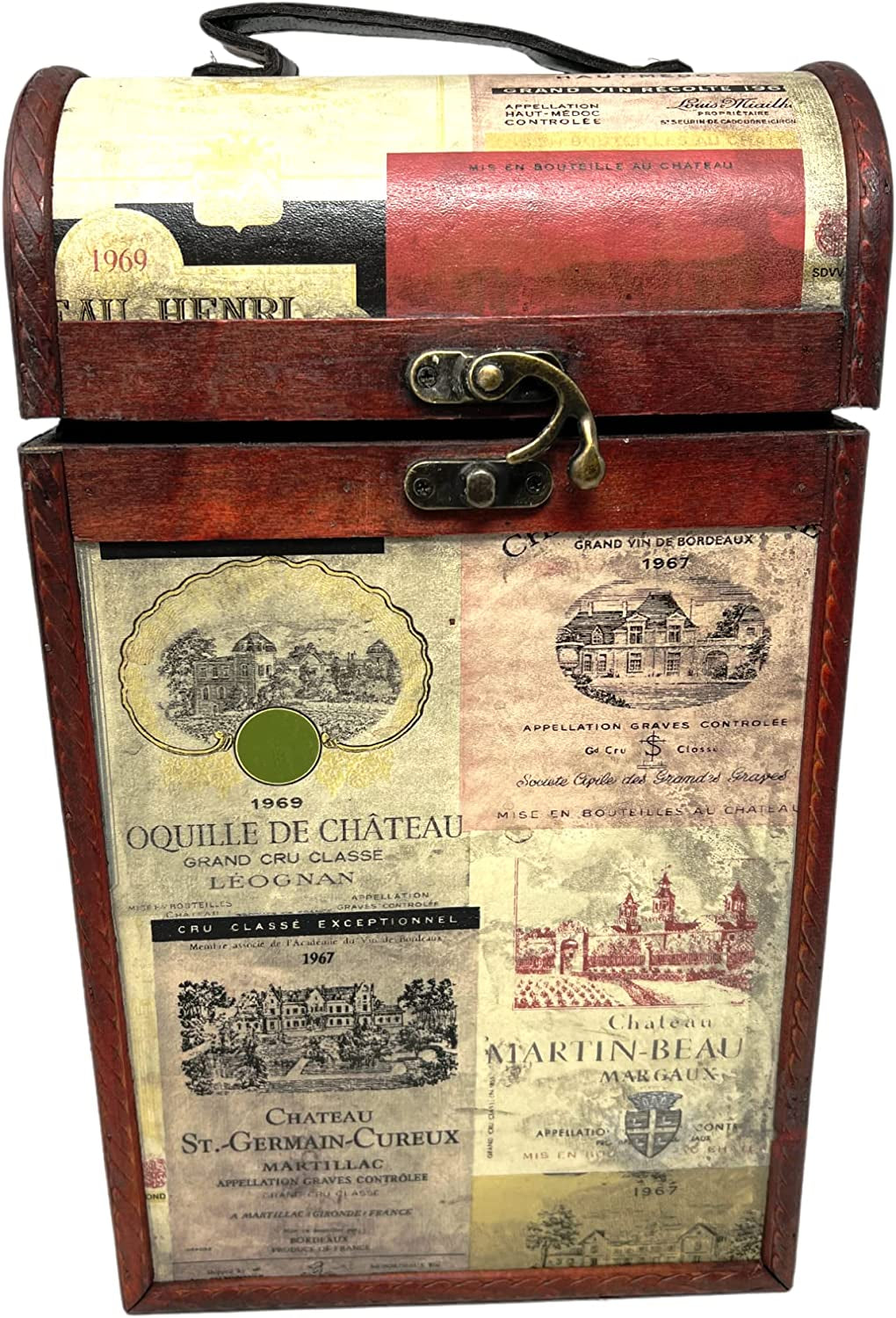 Wooden Wine Gift Box 2 Bottle Carrier Vintage Leather Storage Holder Carrying Case with Handle Champagne Whisky Metal Latch Closure