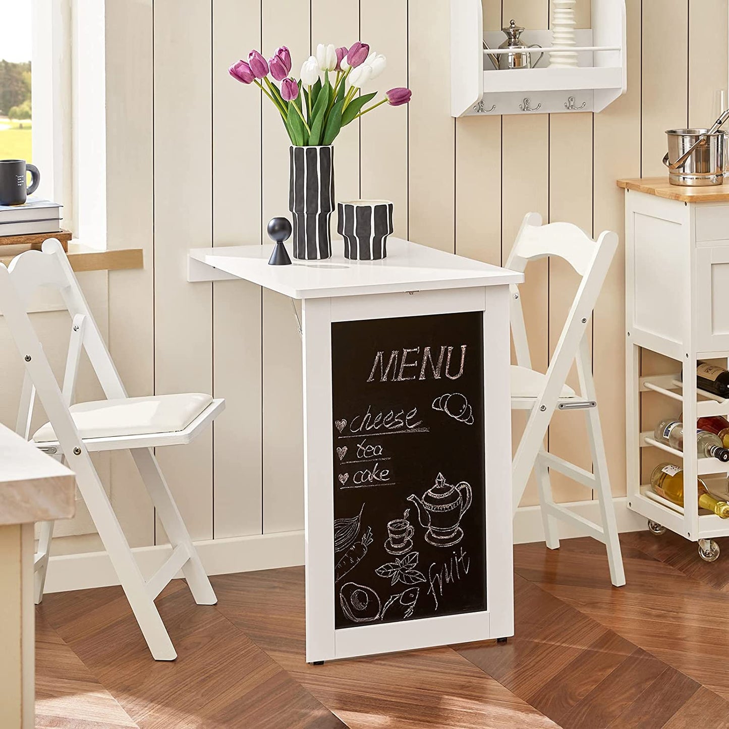 ® FWT20-W, Folding Wall-Mounted Drop-Leaf Table, Kitchen & Dining Table Desk with Blackboard, White