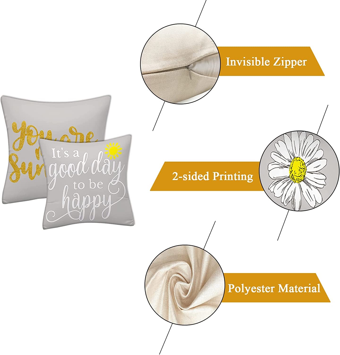 Floral Yellow and Grey Cushion Covers for Sofa, Double Sided Letter-Printed Throw Pillow Covers, Pack of 4 Square Daisy Pillowcase for Living Room & Bedroom 40 Cm X 40 Cm(16 X 16 Inch)