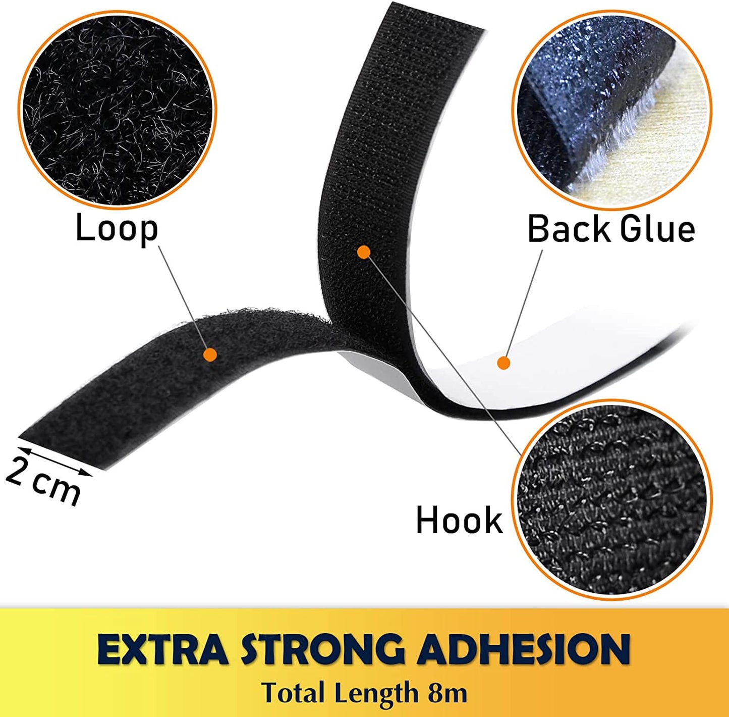 Hook and Loop Strip Tape,8M Double Sided Sticky Tape,Self Adhesive Sticky Back Fastening Tape 20Mm Wide (Black)