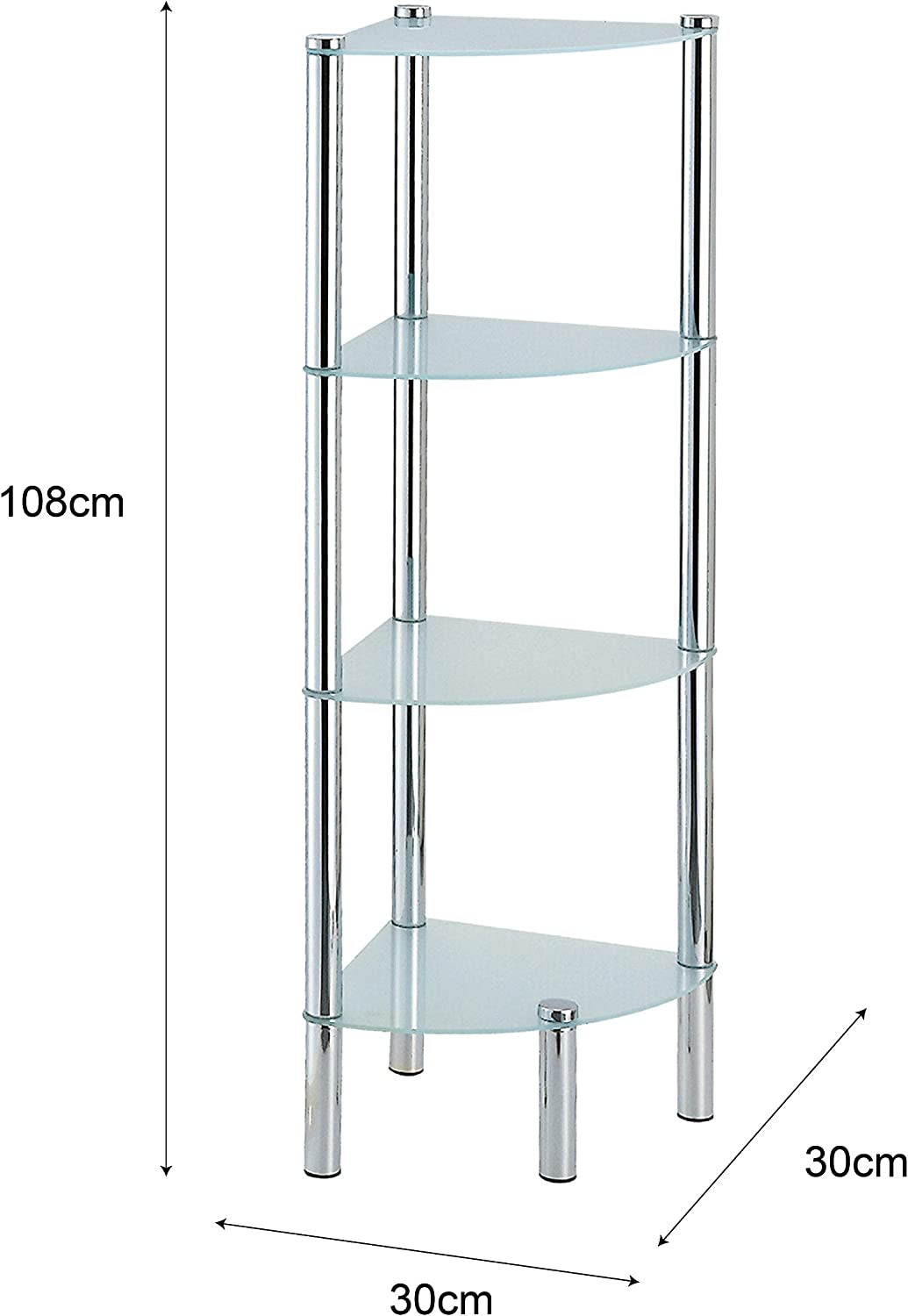 Solanio 282134 Standing Corner Shelf Rack Chrome-Plated 4 Glass Shelves 30X30X108 Cm