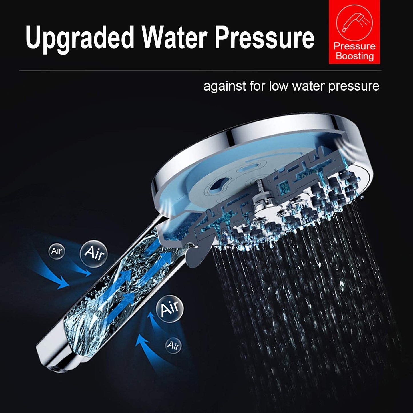 Shower Head, Low Water Pressure Boosting Handheld Shower Head High Pressure Water Saving 3 Powerful Spray Settings for Bathroom – Chrome