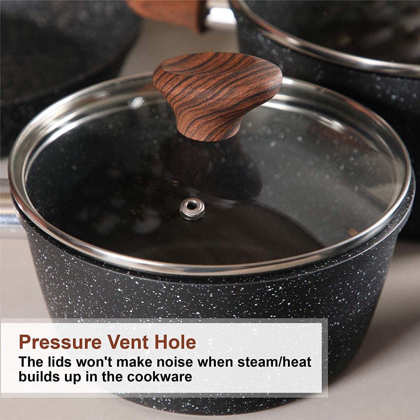 12 Pieces Nonstick Granite-Coated Cookware Set, Black - Bakelite Handle with Wood Effect (Soft Touch)