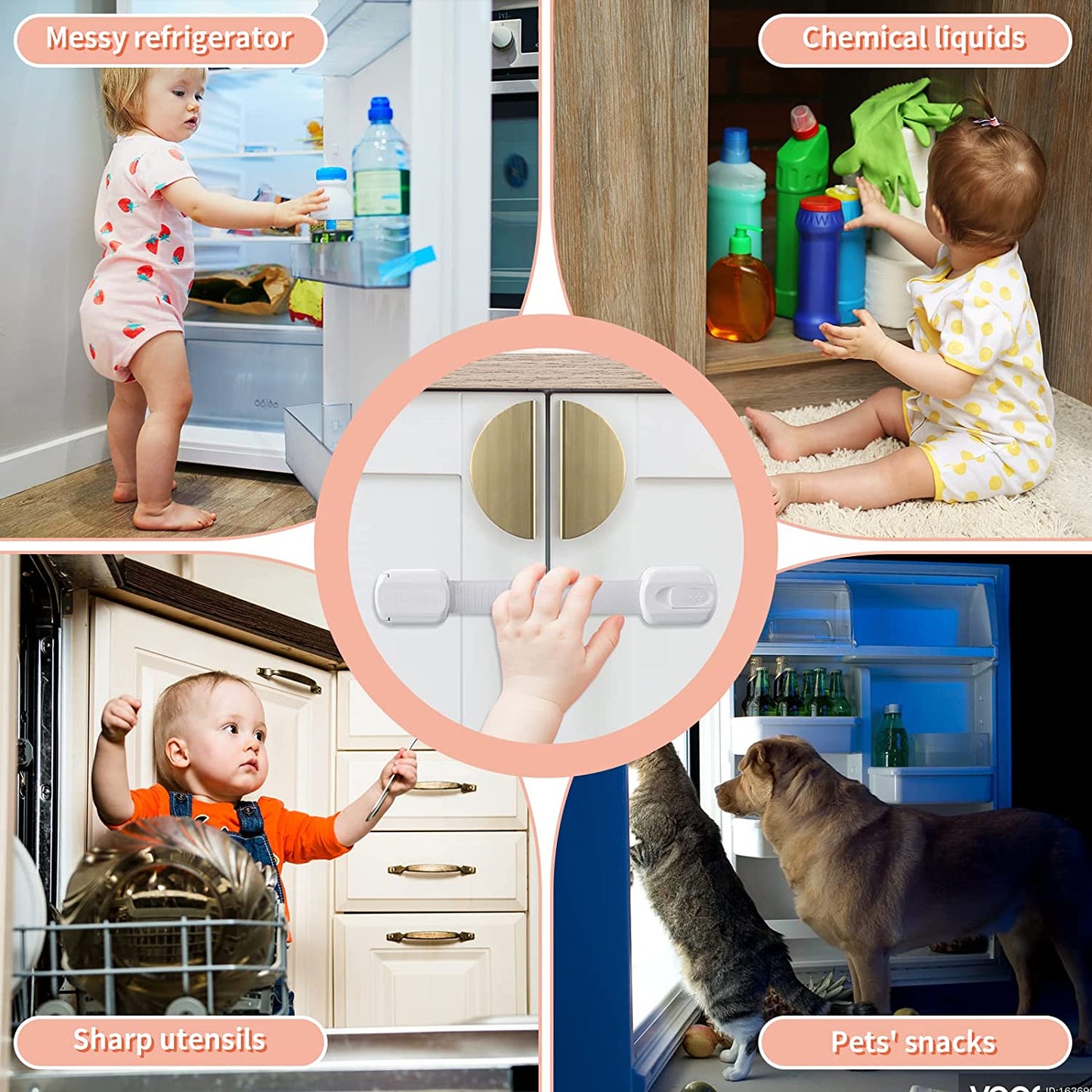 Child Safety Cupboard Locks,6 Pack Adjustable Baby Cupboard Safety Locks,Child Proof Locks with No Drilling Needed & Strong Adhesives for Cabinet,Fridge, Freezer,Drawers, Dishwasher, Toilet