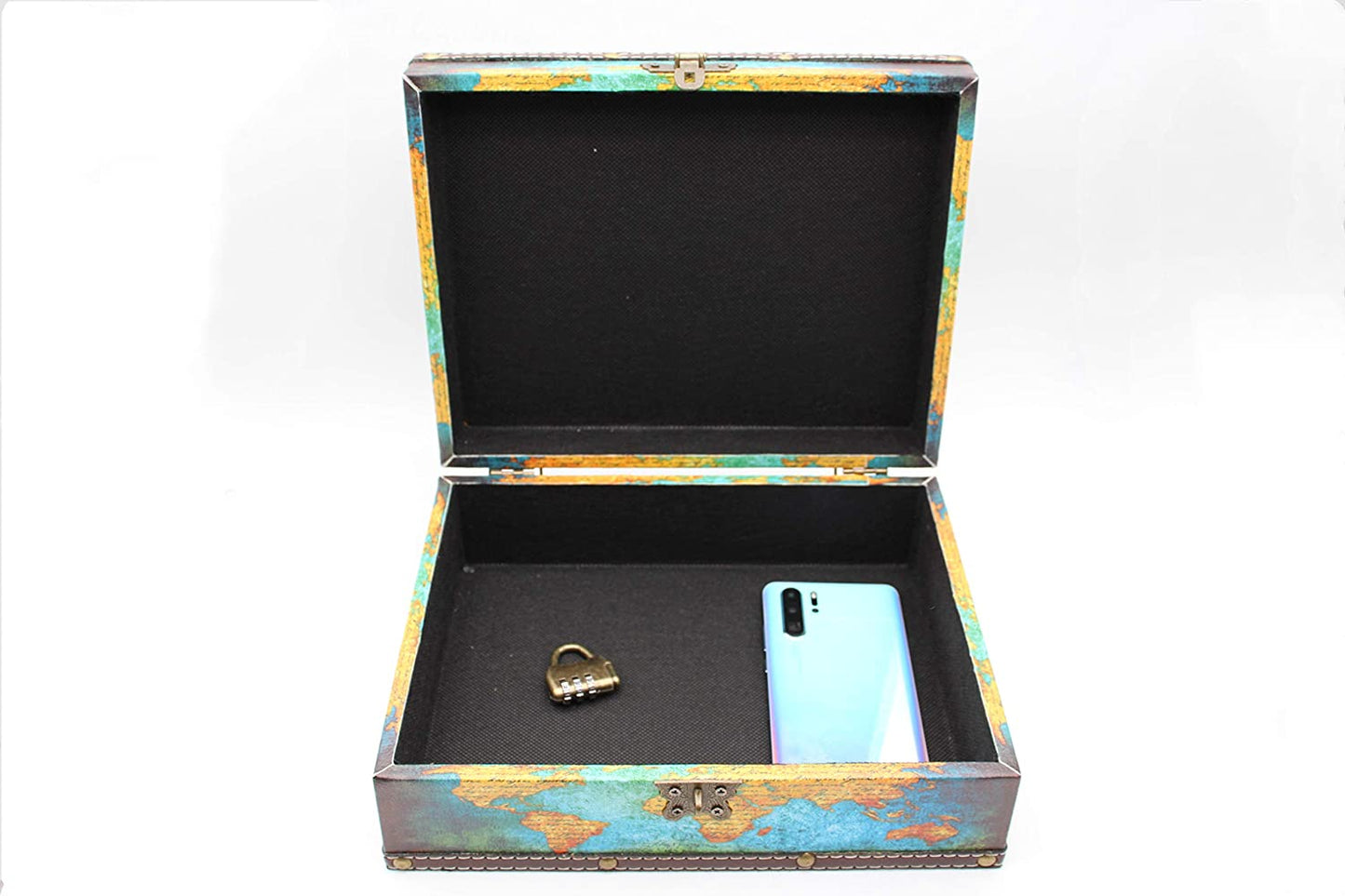 Vintage Wood Treasure Chest Keepsake Jewelry with Map Leather Surface |Treasure Box Kids Pirate Treasure Chest with Lock |Kids Storage Treasure Chest, Also for Teenagers and Adults 10.6"*8.6"*3.6"