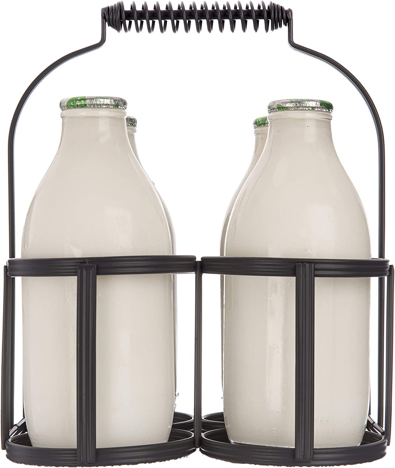 Nostalgia 4 Milk Bottle Holder Metal Wire Tidy Crate Rack Carry Carrier Doorstep Store Drink Kitchen Storage Organiser Caddy with Integrated Handle