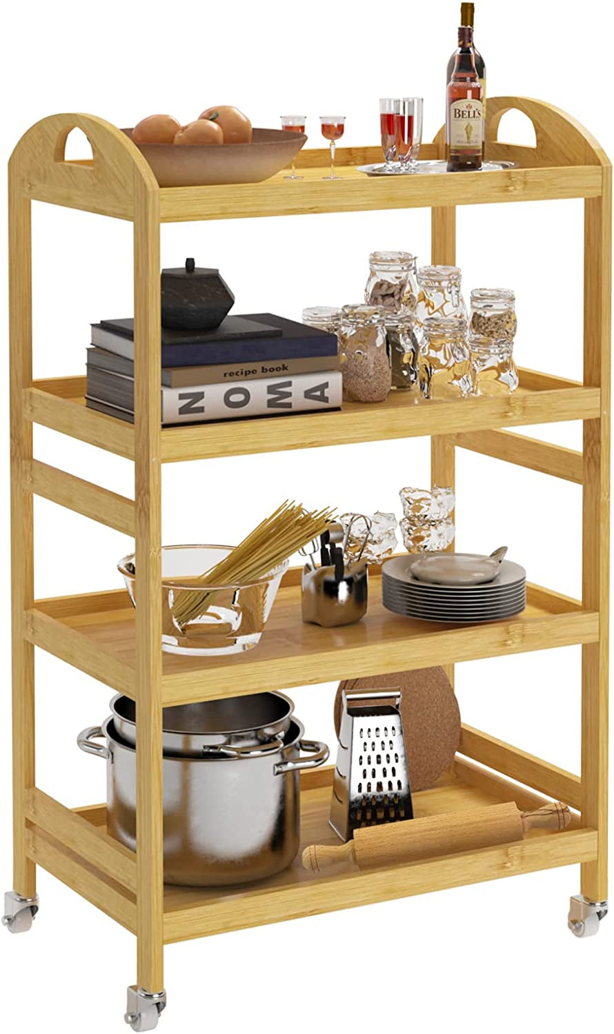 Bamboo Kitchen Serving Trolley Cart 4 Tier Kitchen Storage Rack Serving Trolley on Wheels Restaurant Storage, KS-ZC07-BH