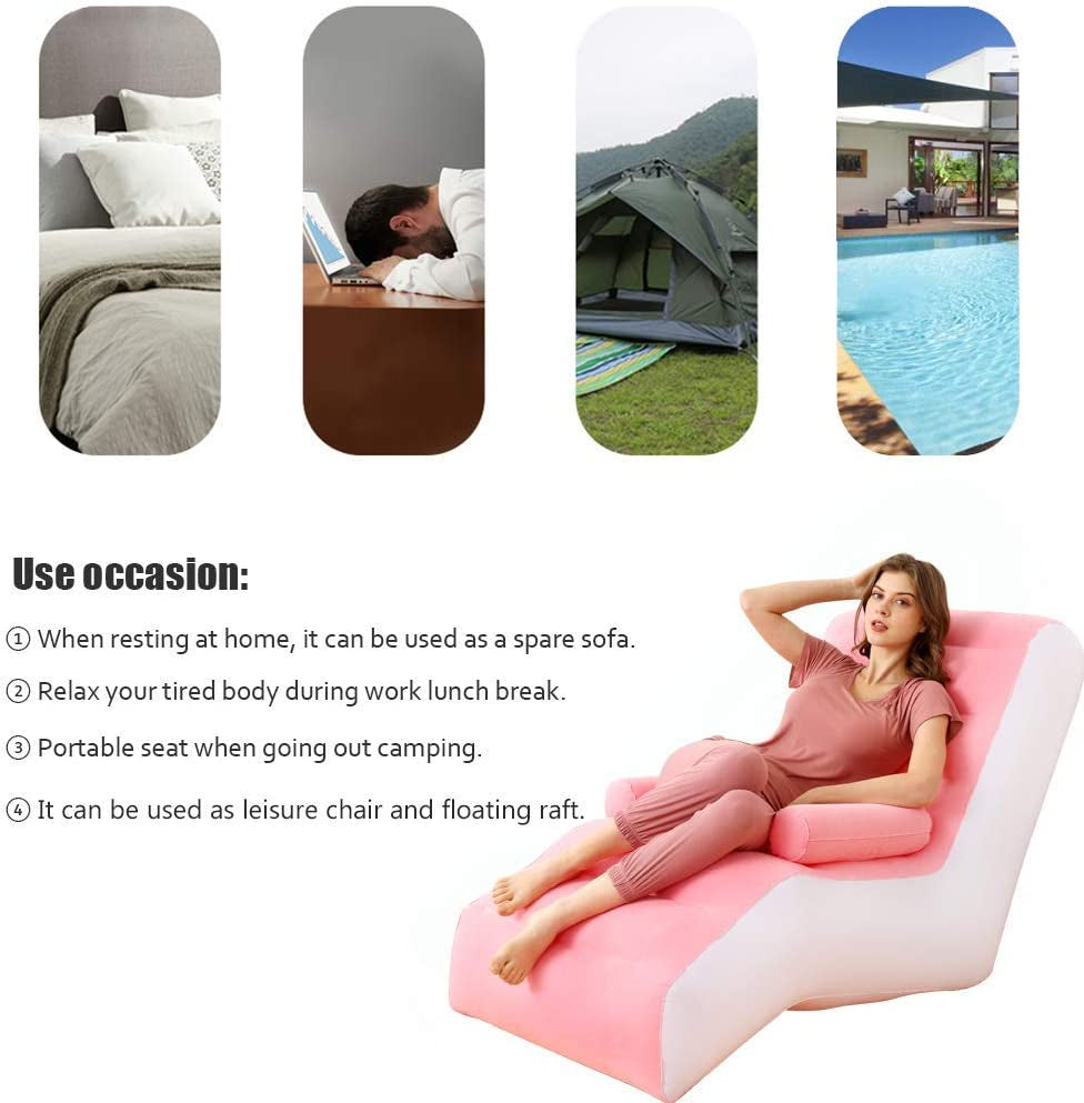 Inflatable Chaise Lounges Folding Lazy Floor Chair Sofa Lounger Bed with Armrests, Send Manual Air Pump (Pink)
