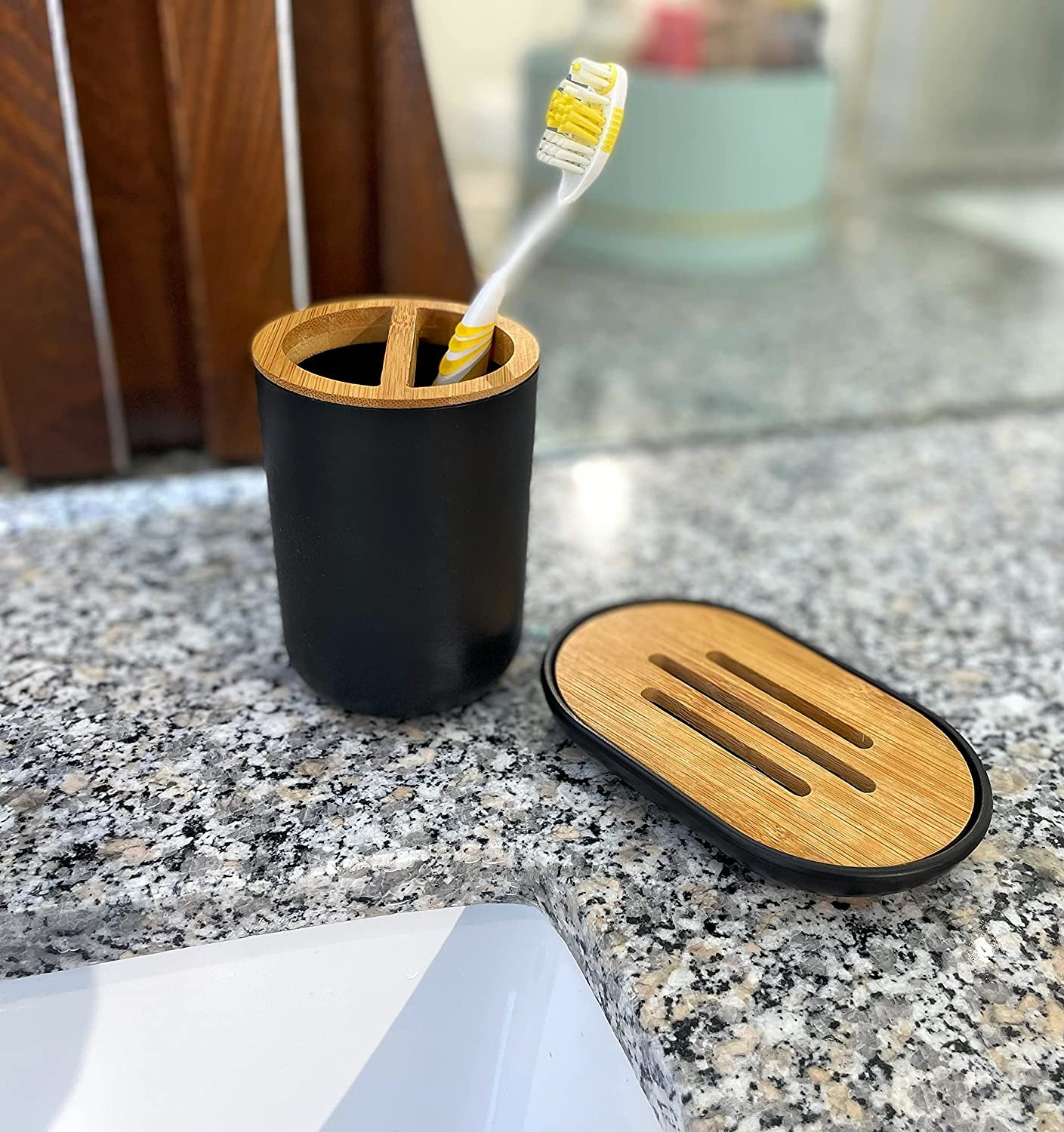 Belcka - 6 Pieces Bamboo Bathroom Accessories- Bathroom Bin and Toilet Brush Set- Durable Toothbrush Holder Cup- Soap Dispenser with Pump- Soap Dish Holder- Modern Trash Can- Black