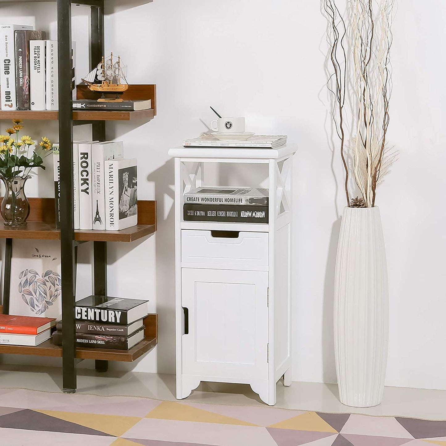 White End Table with Drawer and Shelf - Fully Assembled - Tall Bedside Cabinets/Bedside Table/Bathroom Cabinet/Side Cabinet/Floor Standing Storage Cabinet for Living Room, Bedroom, Hallway