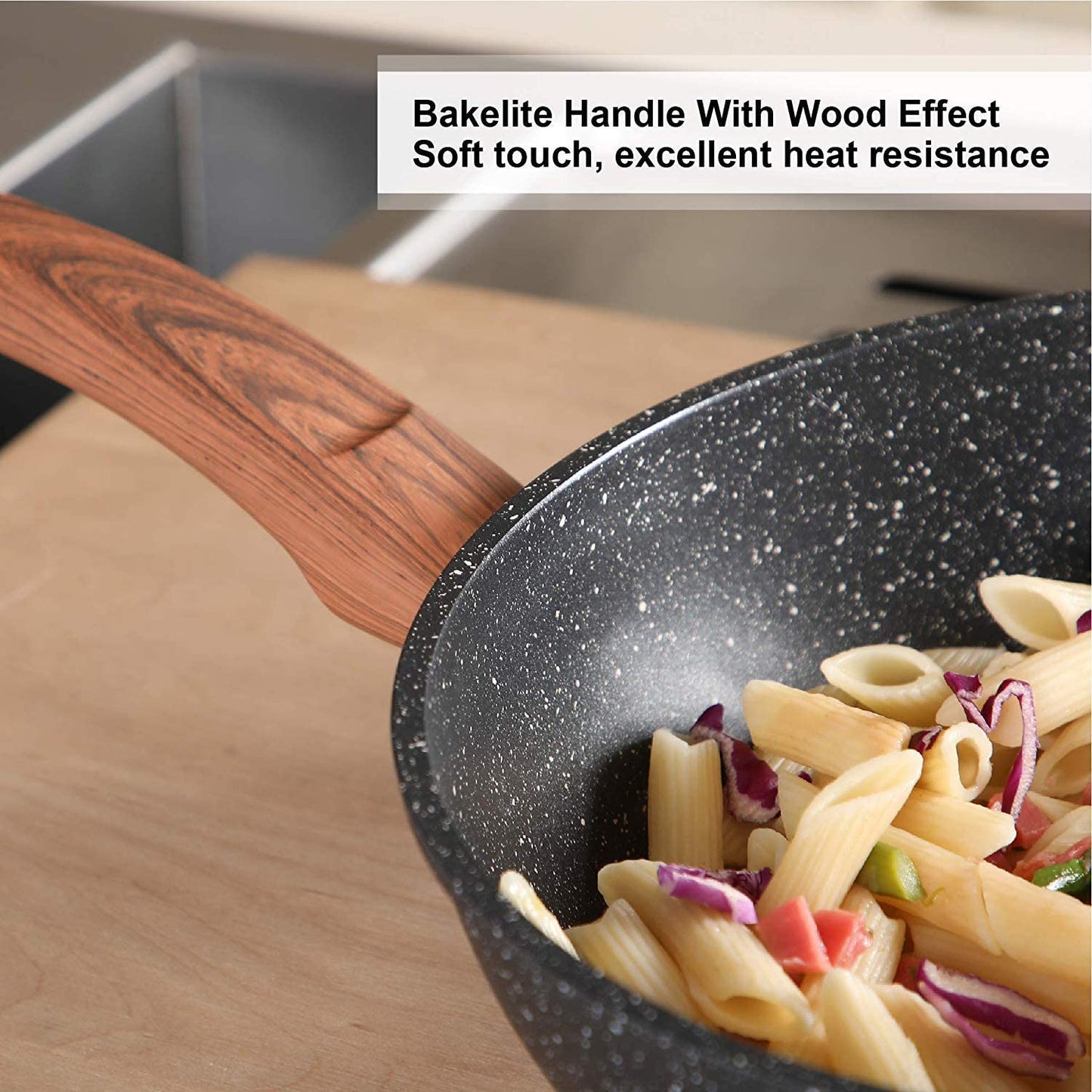 12 Pieces Nonstick Granite-Coated Cookware Set, Black - Bakelite Handle with Wood Effect (Soft Touch)