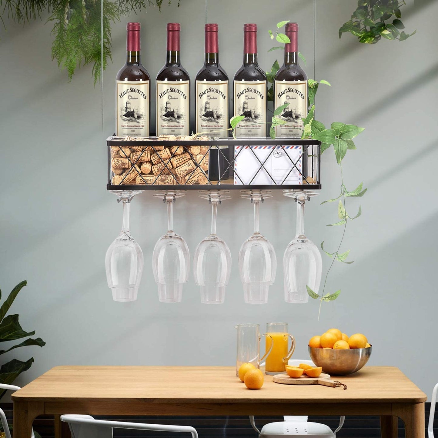 Wall Mounted Wine Rack,Metal & Wooden Wine Shelf with Glass Holder & Cork Storage,Champagne Bottle Holder,Hanging Rustic Wine Holder, Floating Wine Shelf for Kitchen, Home WK810228