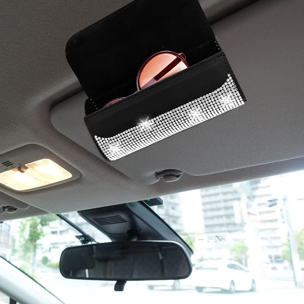 Bling Glasses Holder with Car Hooks, Car Glasses Case Crystal Sunglasses Holder for Car Sun Visor Sunglasses Storage Case Organizer