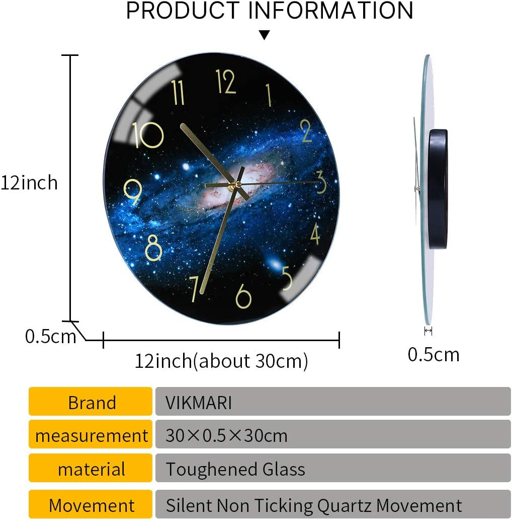 Black Arabic Numerial Wall Clock 12 Inch Silent Quality Quartz Battery Operated Wall Clocks- round Glass Wall Clocks for Kitchen, Living Room, Dining Room and Bedroom - Night Sky Pattern