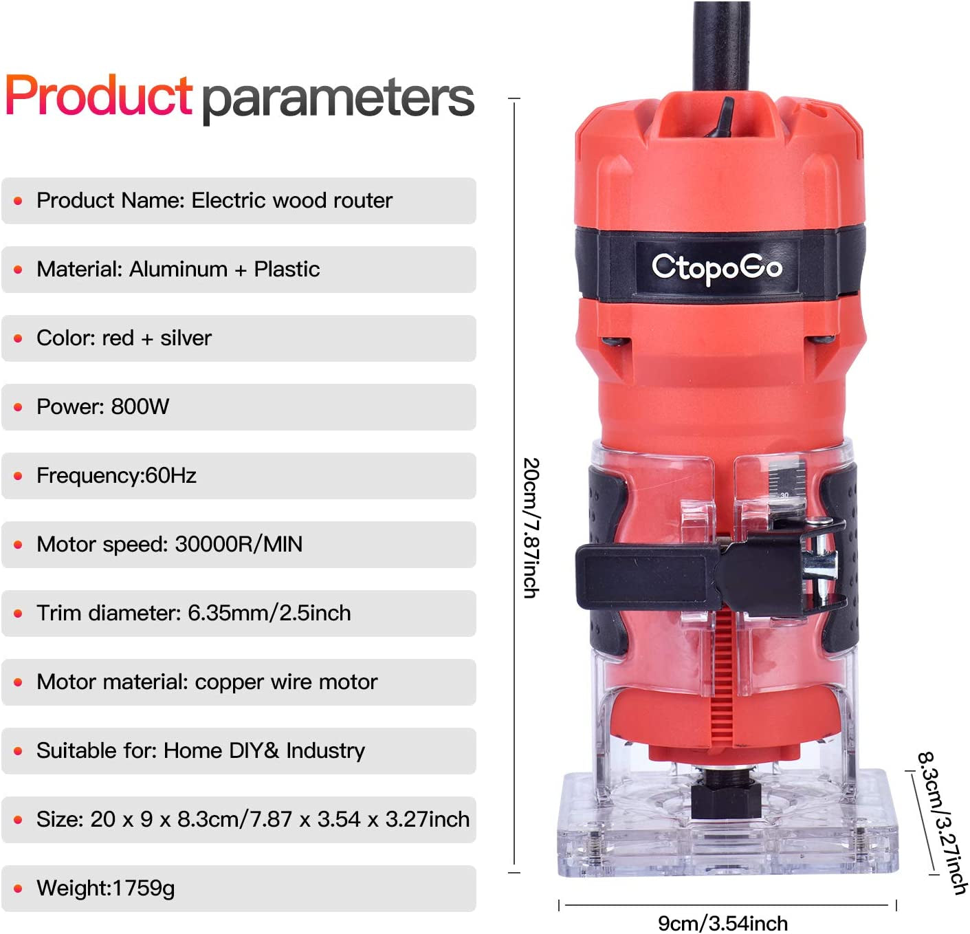 Compact Wood Palm Router Tool Hand Edge Trimmer Woodworking Joiner Cutting Palmming Tool 30000R/MIN 800W 220V with 12PCS 1/4" Router Bits