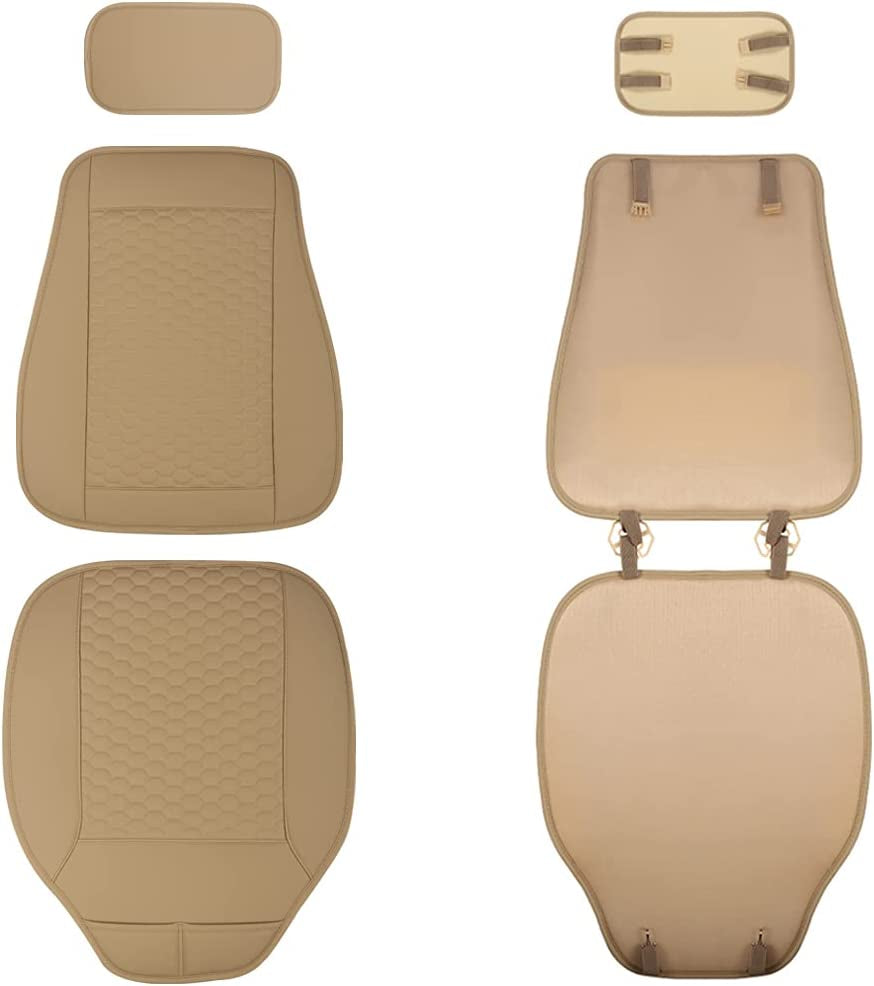 Driver Seat Covers, PU Leather Front Car Seat Protectors, with Lumbar Support and Headrest Cover (2PCS Beige)
