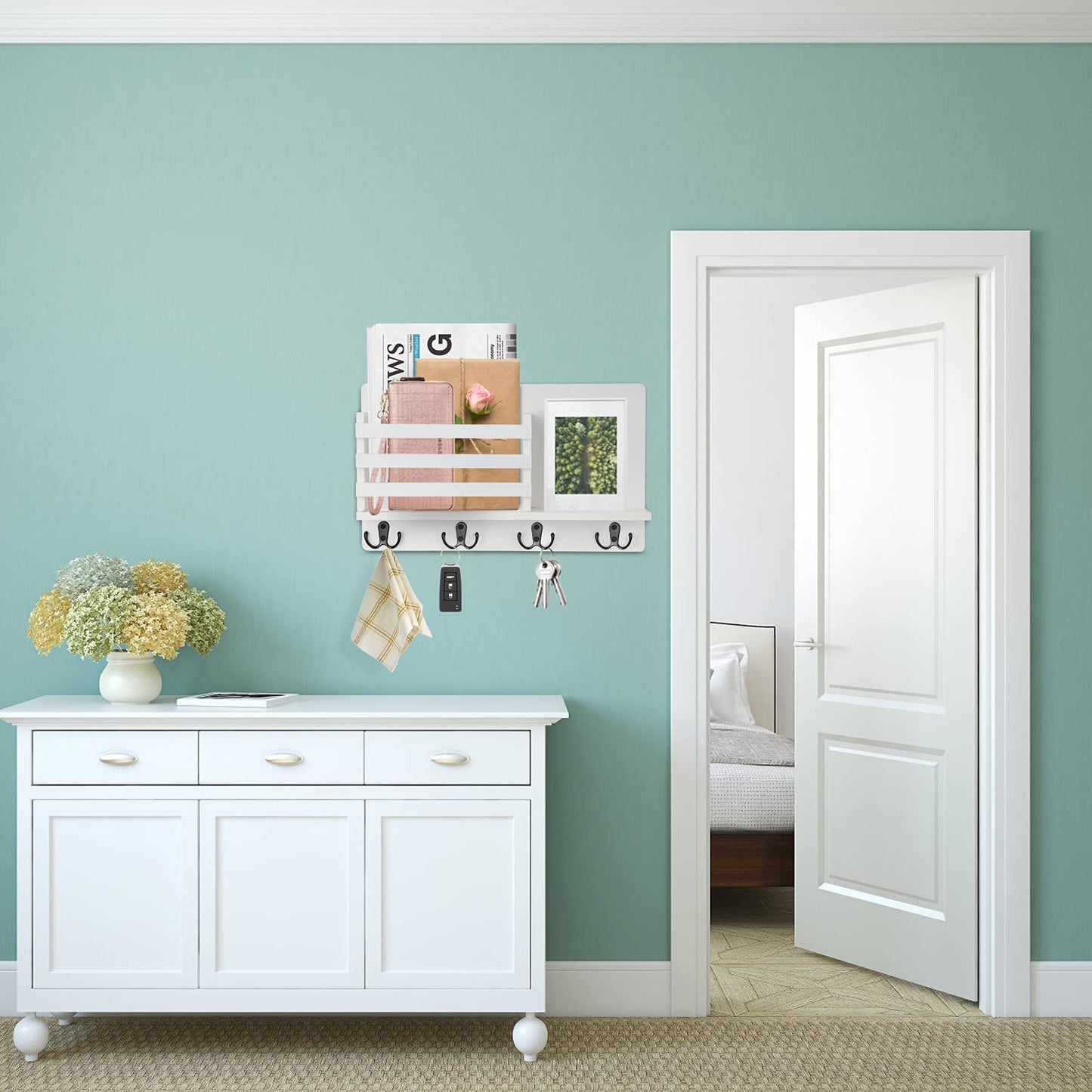 Wall Mount Entryway Key Holder Hooks,Wood Key Holder Organizer,Wall Mounted Mail Holder,Mail Envelope Organizer, Letter Sorter, Newspaper Storage, Ornament Home Decorative Floating Shelf (White)