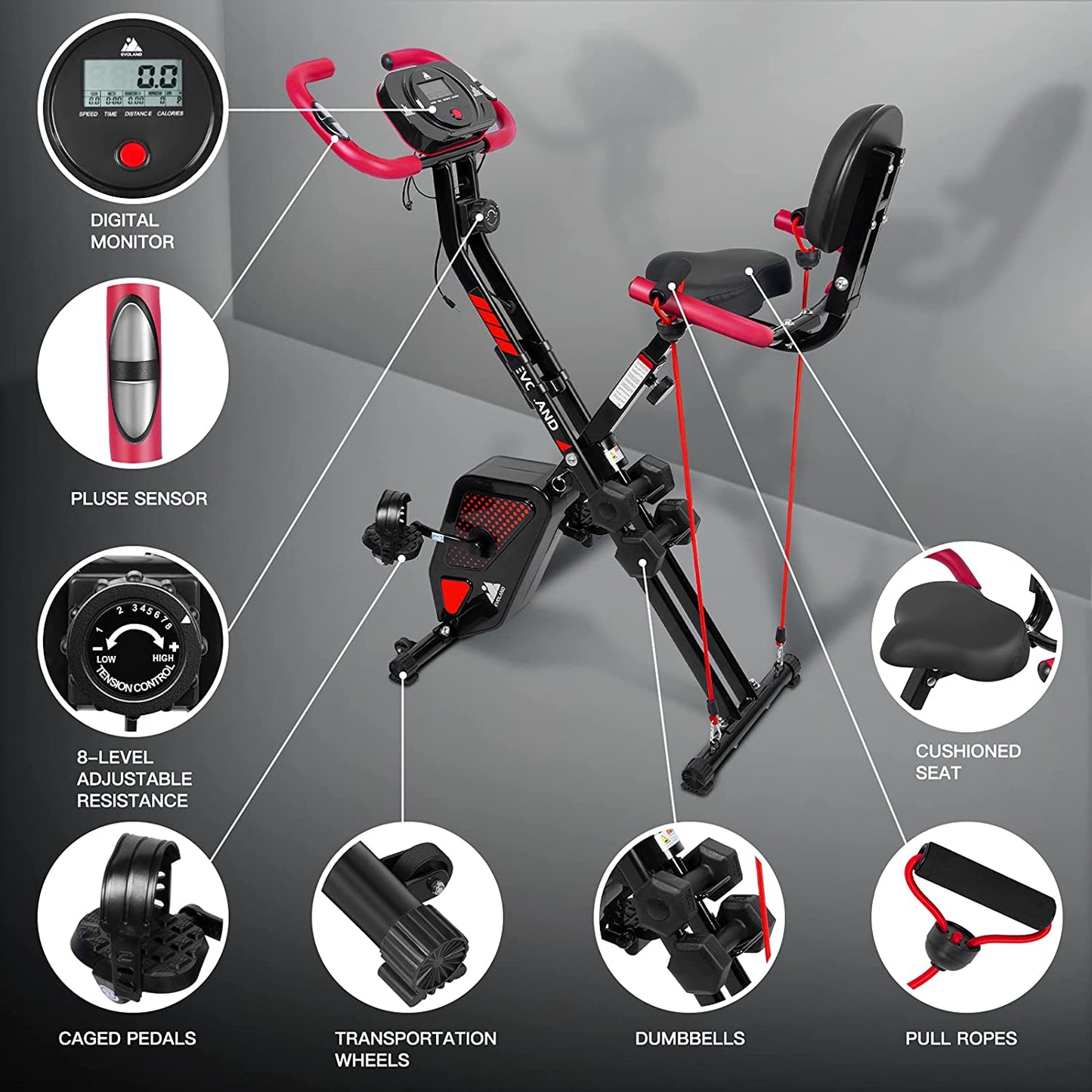 Exercise Bike with 8-Level Adjustable Resistance, Foldable Indoor Trainer Fitness Bike, with Pulse Rate Sensor| LCD Monitor| 2X 1Kg Dumbbells, 265LBS Max Load for Home Use Workout Bike
