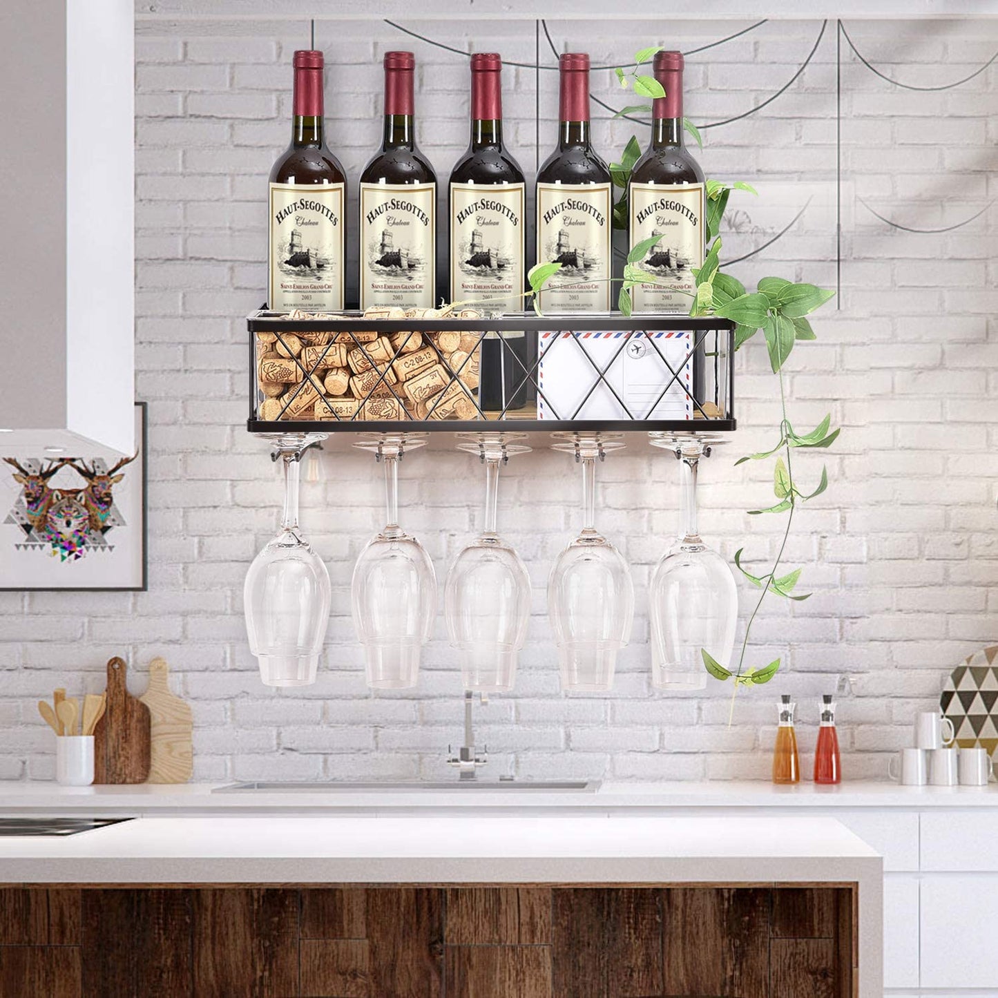 Wall Mounted Wine Rack,Metal & Wooden Wine Shelf with Glass Holder & Cork Storage,Champagne Bottle Holder,Hanging Rustic Wine Holder, Floating Wine Shelf for Kitchen, Home WK810228
