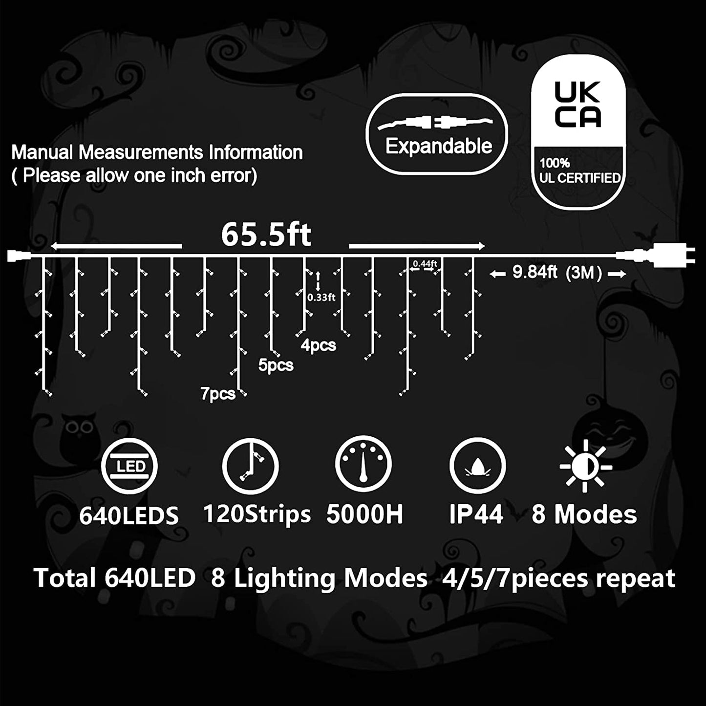 Halloween Lights 640 LED Icicle Lights Outdoor Decorations 66FT Waterproof Fairy Lights Plug in 120 Drops 8 Modes Timer String Lights for Home Roof Window Garden Yard Patio Decor (Purple & Orange)
