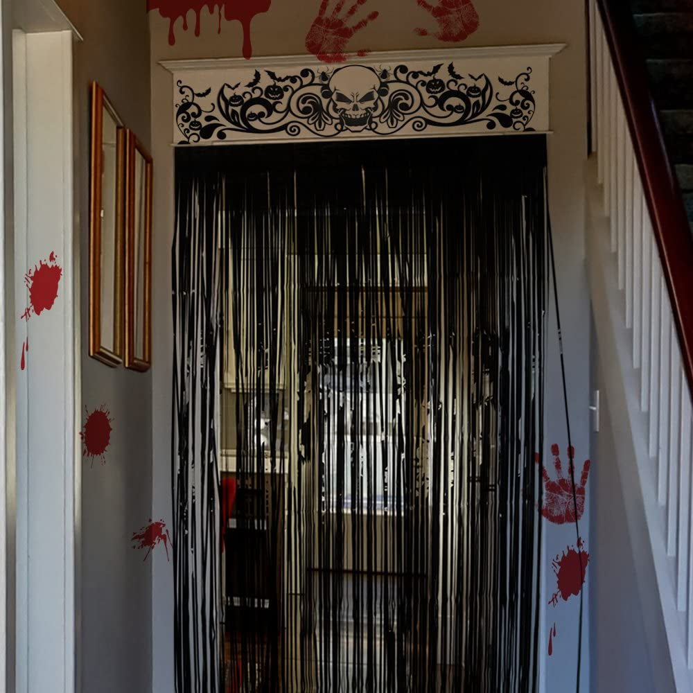 Halloween Door Curtain Black Shiny Foil Party Decorations Entrance Door Curtain for Halloween, 3.3 X 6.5 Feet