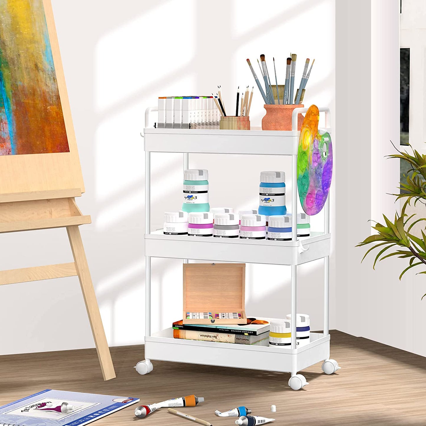 3-Tier Storage Trolley Cart Slide-Out Rolling Utility Cart Mobile Storage Shelving Organizer for Kitchen, Bathroom, Laundry Room, Bedroom, Narrow Places, Plastic,White