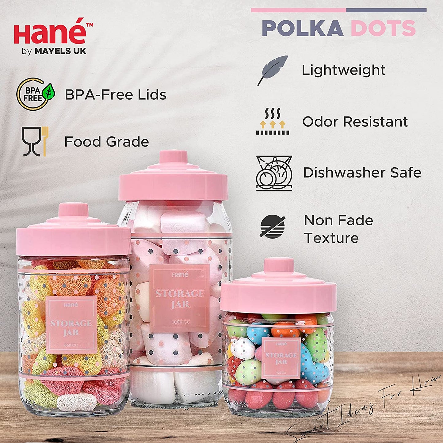 Hané Glass Jars with Lids, Set of 3 Polka Dots Design Food Storage Canister for Kitchen Storage & Organisation, Jar Containers for Storing Sugar, Flour, Cereal, Coffee (0.425 LT / 0.660 LT / 1 LT)