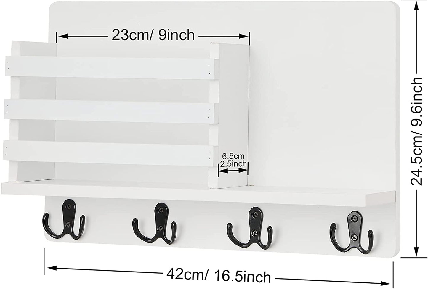 Wall Mount Entryway Key Holder Hooks,Wood Key Holder Organizer,Wall Mounted Mail Holder,Mail Envelope Organizer, Letter Sorter, Newspaper Storage, Ornament Home Decorative Floating Shelf (White)