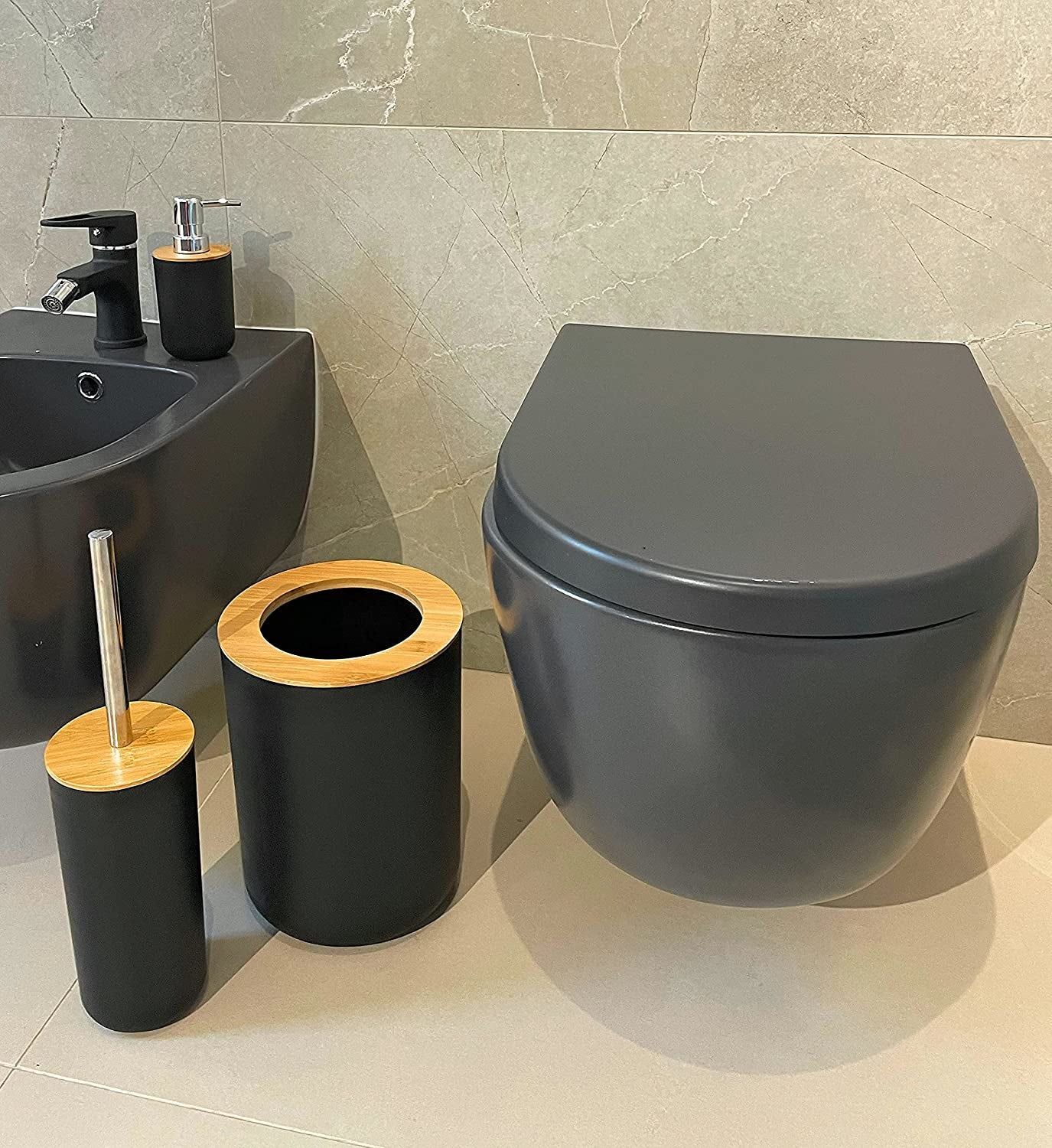 Belcka - 6 Pieces Bamboo Bathroom Accessories- Bathroom Bin and Toilet Brush Set- Durable Toothbrush Holder Cup- Soap Dispenser with Pump- Soap Dish Holder- Modern Trash Can- Black
