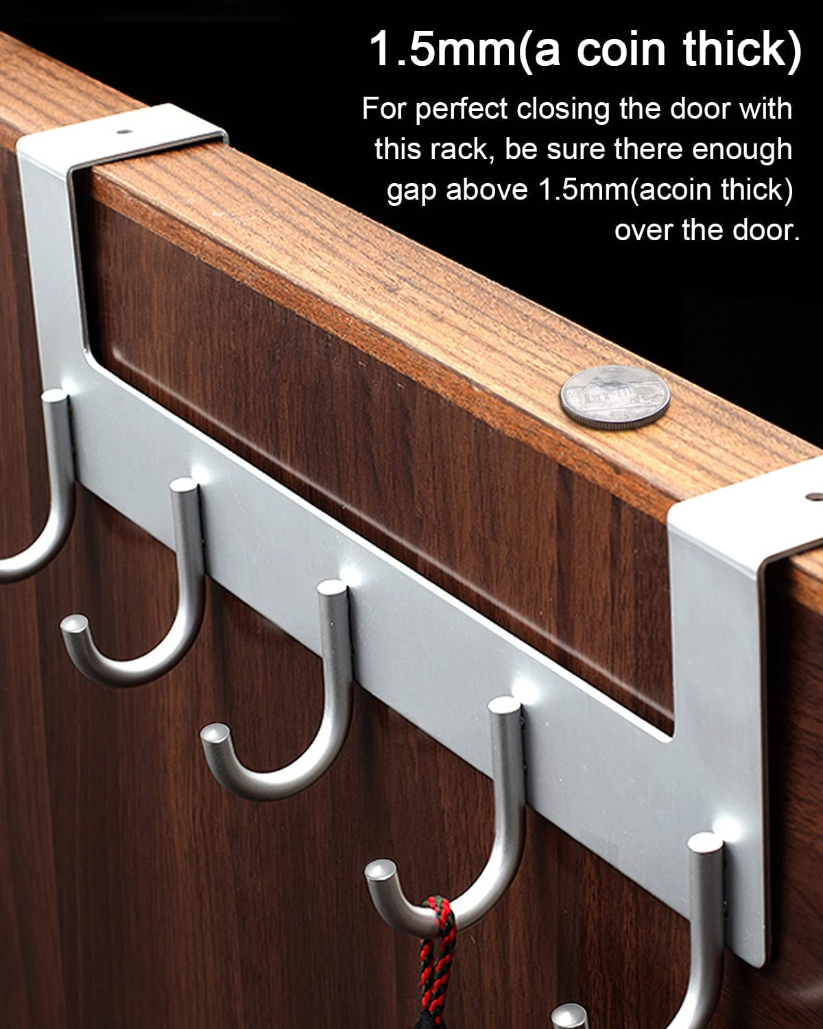 over the Door Hook Hanger, Heavy-Duty Storage for Coat, Towel, Bag, Robe - 5 Hooks, Aluminum, Brush Finish (Silver)