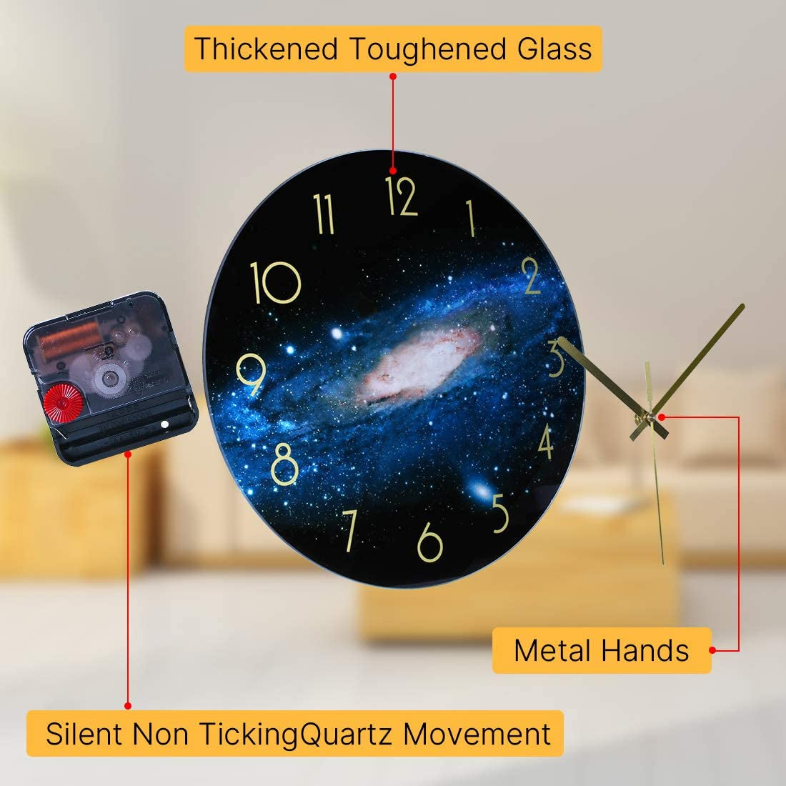 Black Arabic Numerial Wall Clock 12 Inch Silent Quality Quartz Battery Operated Wall Clocks- round Glass Wall Clocks for Kitchen, Living Room, Dining Room and Bedroom - Night Sky Pattern