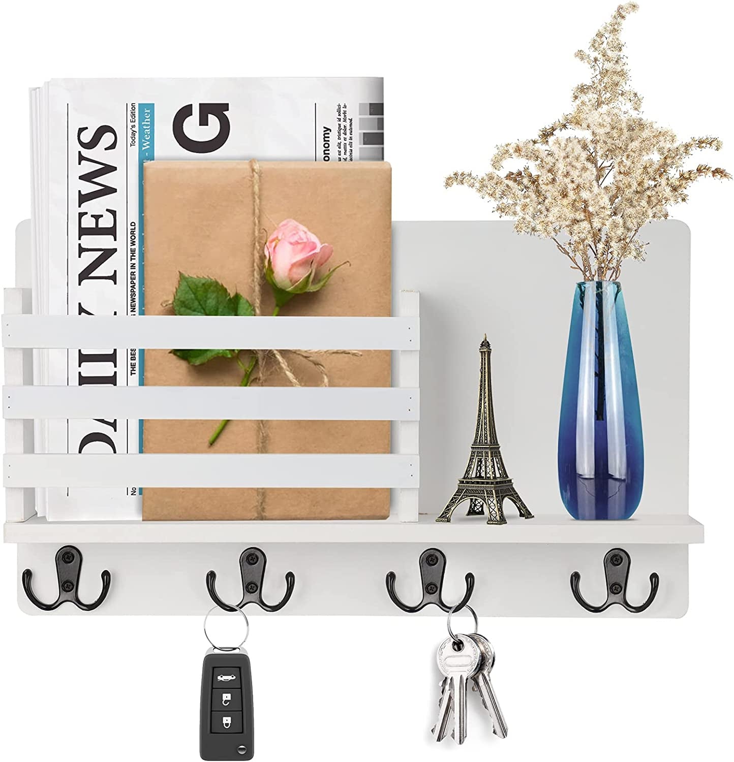 Wall Mount Entryway Key Holder Hooks,Wood Key Holder Organizer,Wall Mounted Mail Holder,Mail Envelope Organizer, Letter Sorter, Newspaper Storage, Ornament Home Decorative Floating Shelf (White)