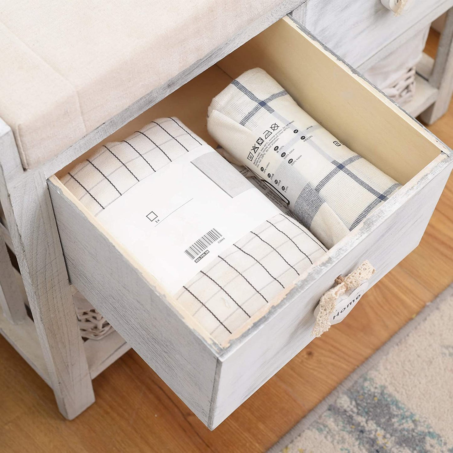 Rebecca Mobili Bench Seat Storage Unit with 2 Drawers Wood White Natural Vintage Bathroom Hall - 46 X 60 X 30 Cm (H X W X D) - Art. RE4553