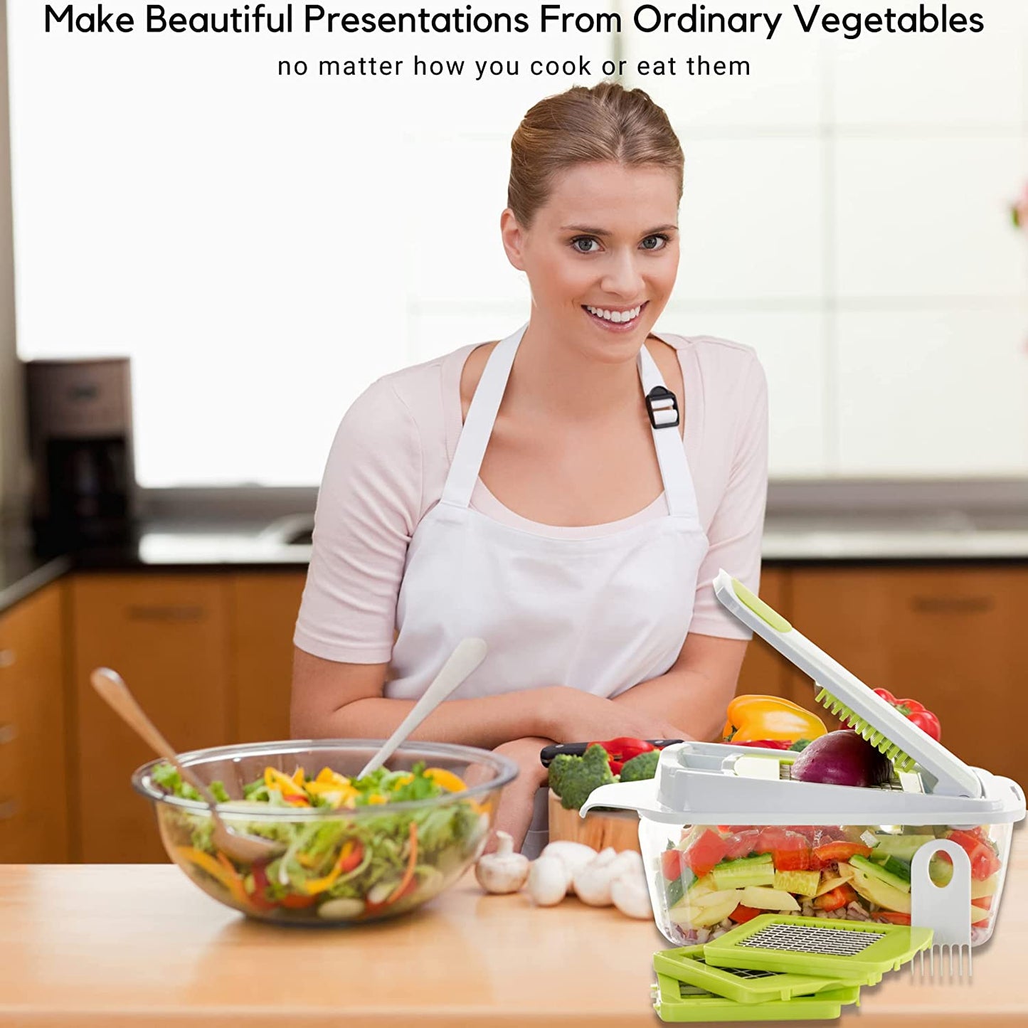 Quickpush Food Chopper (BR-QP-02): Strongest & 200% More Container Capacity, 30% Heavier Duty, Kitchen Vegetable Fruit Dicer, Onion Tomato Potato Fries Cutter, with 3 Dicing Blades & Lid