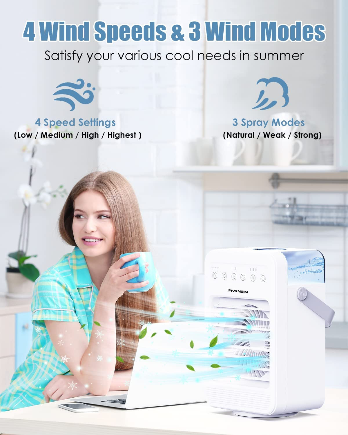 Air Cooler, Personal Portable Air Conditioner with Colored Lights, 4 Speeds, Automatic Oscillation, 4 in 1 Mini Air Cooler Ideal for Home/Bedroom/Dorm/Office