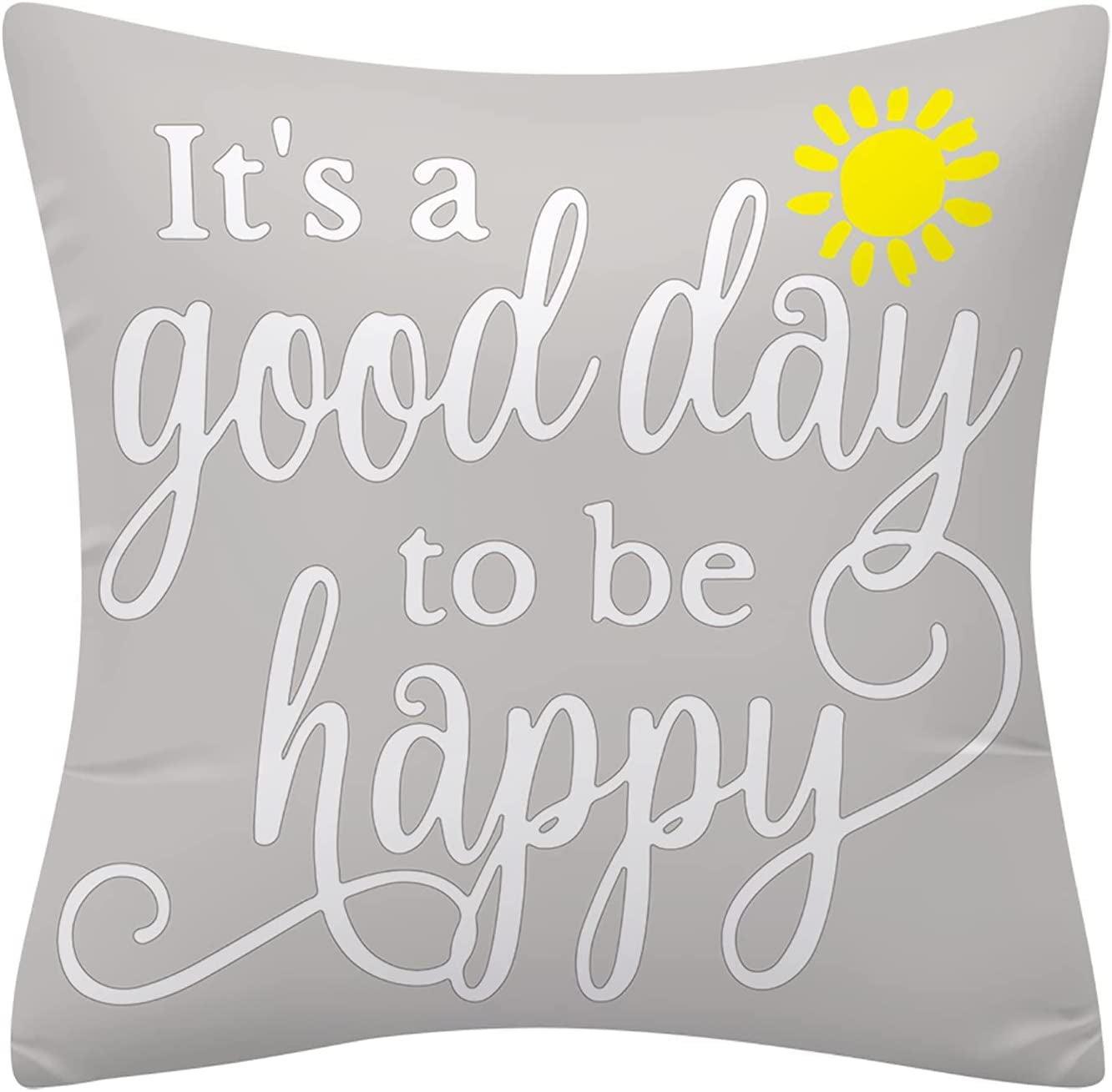 Floral Yellow and Grey Cushion Covers for Sofa, Double Sided Letter-Printed Throw Pillow Covers, Pack of 4 Square Daisy Pillowcase for Living Room & Bedroom 40 Cm X 40 Cm(16 X 16 Inch)