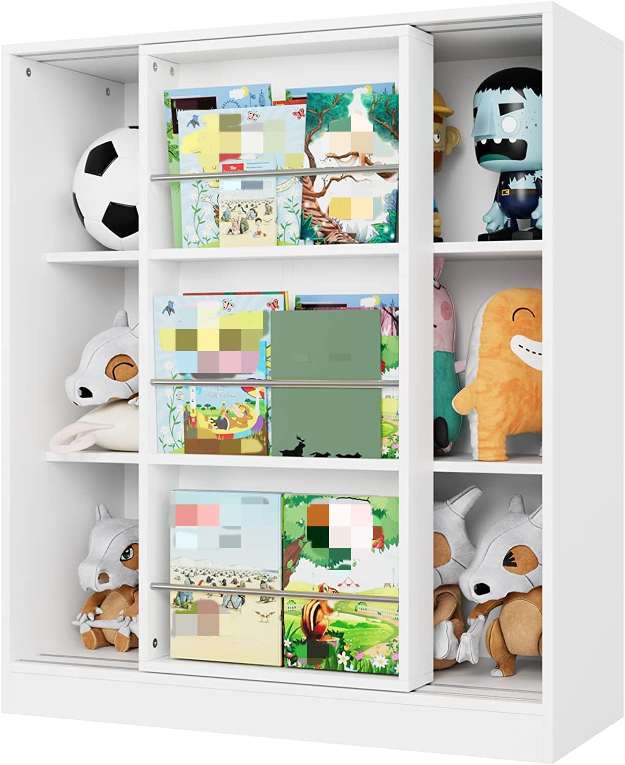 Children'S Bookcase Kid'S Shelves Toy Storage Organiser with Sliding Door Display Stand White Wooden 90X37X105Cm