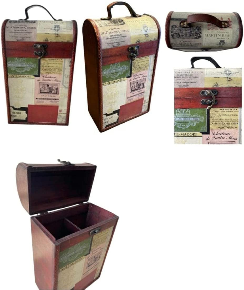 Wooden Wine Gift Box 2 Bottle Carrier Vintage Leather Storage Holder Carrying Case with Handle Champagne Whisky Metal Latch Closure