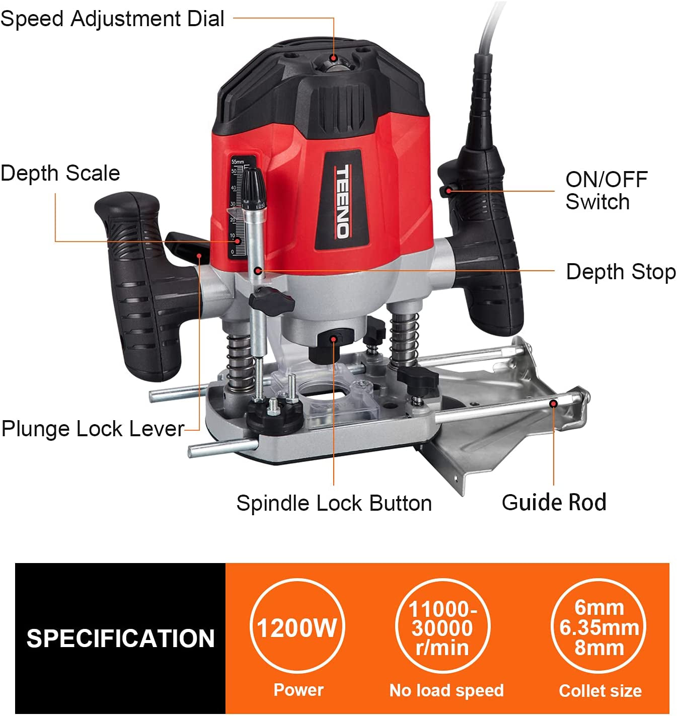 Electronic Wood Router 240V, 1200W Laminate Wood Working Joiners Tool, Compact Router with Trimmer Base…