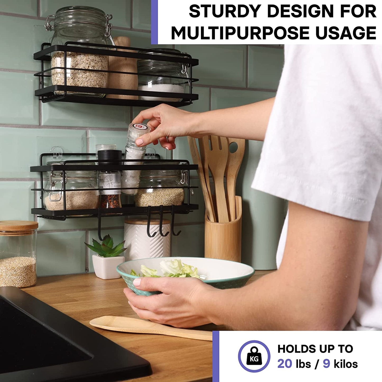 Shower Caddy Basket Shelf Pack of 2 - Adhesive Drill-Free Home Kitchen or Bathroom Organiser - Black Shower Storage Shelves - Bath Tray W/ Hooks for Accessories