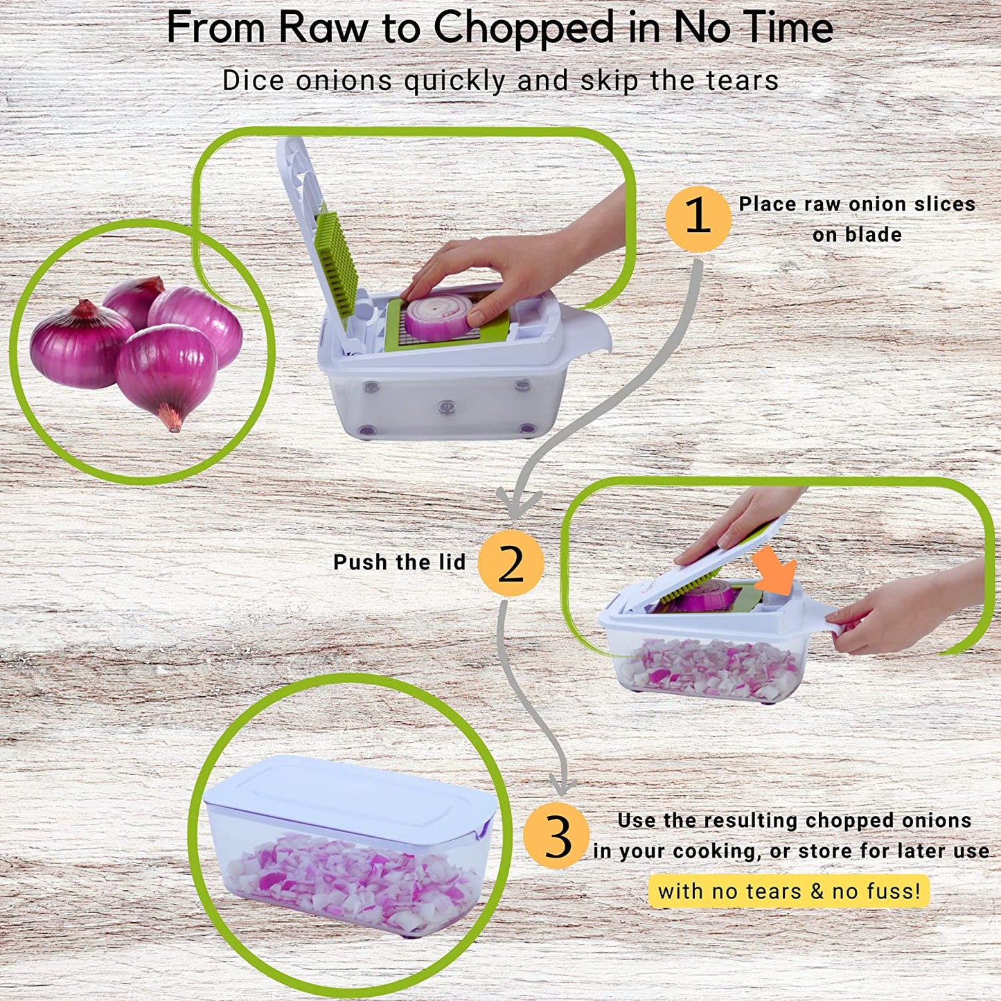 Quickpush Food Chopper (BR-QP-02): Strongest & 200% More Container Capacity, 30% Heavier Duty, Kitchen Vegetable Fruit Dicer, Onion Tomato Potato Fries Cutter, with 3 Dicing Blades & Lid